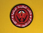 Red circular patch with a black border, featuring a red star and crossed black rifles in the center, surrounded by Arabic script. The patch represents the National Resistance Brigades, Martyr Omar Al-Qassem Forces, the armed wing of the Democratic Front for the Liberation of Palestine (DFLP).