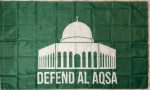 Defend Al Aqsa, Al-Aqsa Mosque, Jerusalem, solidarity flag, green and white flag, polyester flag, Arabic, Spanish
