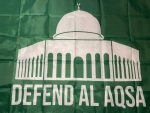 Defend Al Aqsa, Al-Aqsa Mosque, Jerusalem, solidarity flag, green and white flag, polyester flag, Arabic, Spanish