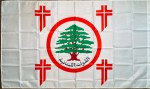 Lebanese Forces flag with green cedar tree emblem inside red circle, Arabic text “القوات اللبنانية,” and four red stylized crosses on white background, Christian militia political party Lebanon banner.
