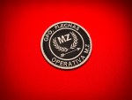 Round 3.5-inch embroidered GPO Flechas Operativa MZ patch with white stitching on a black background, featuring the letters “MZ,” laurel branches, and an arrow, displayed on red fabric.