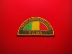Embroidered Forces Armées Maliennes FAMa shoulder tab patch with Mali tricolor in a semi-circular design on a red fabric background.