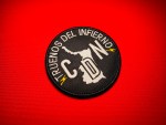 Round black embroidered patch reading “Truenos del Infierno” with CDN initials over a white Tamaulipas state outline and yellow lightning bolts, displayed on a red background.