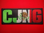 Oversized CJNG embroidered banner patch with green C, white JN over Mexican eagle, and red G on black background, measuring 9 by 3.5 inches.