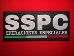 Embroidered SSPC Operaciones Especiales tactical patch measuring 9x4 inches with gray lettering on black and a Mexican tricolor stripe along the bottom edge.