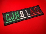 Rectangular black embroidered CJNG I.A.G morale patch with green, white, and red lettering and matching Mexico tricolor underline, measuring 9 x 2.8 inches.