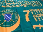 7th Muslim Knights Liberation Brigade 3x5 flag replica in green and gold featuring ARBiH emblem, Bosnian shield, crescent, sword, shahada, and Muslimanska Viteška Oslobodilačka Brigada text from the Bosnian War era.
