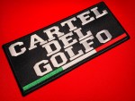 Cartel del Golfo CDG 9x4 inch embroidered patch with white text on black background and green white red Mexican tricolor bar at bottom