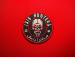 3.5 inch ISIS Hunters patch with skull in red crosshair, black background, red border, English ISIS Hunters text and Arabic صائدو داعش insignia associated with Russian Wagner-linked Syrian unit