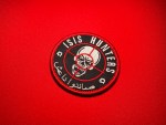 3.5 inch ISIS Hunters patch with skull in red crosshair, black background, red border, English ISIS Hunters text and Arabic صائدو داعش insignia associated with Russian Wagner-linked Syrian unit