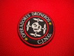 CJNG Operadores Droneros 3.5 inch embroidered patch with skull and number 3, quadcopter drones, red border, black background, C.J.N.G. text and gold stars on red fabric background