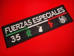 CDN Los Chukys Fuerzas Especiales 35 embroidered patch, Operativa 35 Batallón 35 cartel-style insignia with Coahuila, Tamaulipas, Nuevo León state silhouettes, Chucky face emblem, Mexican tricolor stripe, and black tactical morale patch design.