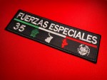 CDN Los Chukys Fuerzas Especiales 35 embroidered patch, Operativa 35 Batallón 35 cartel-style insignia with Coahuila, Tamaulipas, Nuevo León state silhouettes, Chucky face emblem, Mexican tricolor stripe, and black tactical morale patch design.