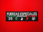 CDN Los Chukys Fuerzas Especiales 35 embroidered patch, Operativa 35 Batallón 35 cartel-style insignia with Coahuila, Tamaulipas, Nuevo León state silhouettes, Chucky face emblem, Mexican tricolor stripe, and black tactical morale patch design.