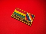 Policía Boliviana embroidered patch featuring the Bolivia tricolor flag, Wiphala emblem, gold border, and yellow police lettering on a black panel.