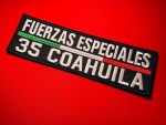 Embroidered black Fuerzas Especiales 35 Coahuila CDN patch with white lettering and Mexican tricolor stripe on a red fabric background.