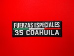 Embroidered black Fuerzas Especiales 35 Coahuila CDN patch with white lettering and Mexican tricolor stripe on a red fabric background.