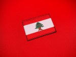 Embroidered State of Free Lebanon historical flag patch featuring a red and white Lebanese flag with a green cedar tree, brown trunk and branches, available with either a white or red satin border.
