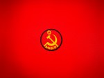 Three-inch round MLKP Marxist-Leninist Communist Party reproduction patch featuring a yellow hammer, sickle, star, and lettering on a red background with a black border.