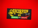 Escorpión 45 Cartel del Golfo 9 x 4 inch embroidered replica patch featuring a yellow scorpion, Joker face, Mexican tricolor, and black background.
