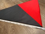Red and black triangular revolutionary neckerchief measuring approximately 29 x 14 inches, inspired by Spanish Civil War anarchist, FSLN, and ELN historical styles.