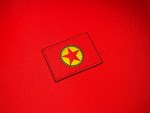Embroidered 3.5 x 2.5 inch reproduction PKK flag patch featuring a red background with a yellow and green circular emblem and central red star.