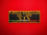 Large black and gold embroidered reproduction patch reading “Fuerzas Especiales del Jefe XIX” and “Cartel del Golfo,” featuring the Roman numeral XIX and a green, white and red tricolor stripe.