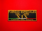 Large black and gold embroidered reproduction patch reading “Fuerzas Especiales del Jefe XIX” and “Cartel del Golfo,” featuring the Roman numeral XIX and a green, white and red tricolor stripe.