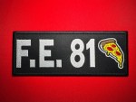 Front view of the F.E. 81 Los Chapitos reproduction patch featuring white lettering, a yellow and red pizza slice, and a black satin border against red fabric.